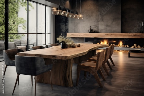Massive wooden dining table in a modern living room