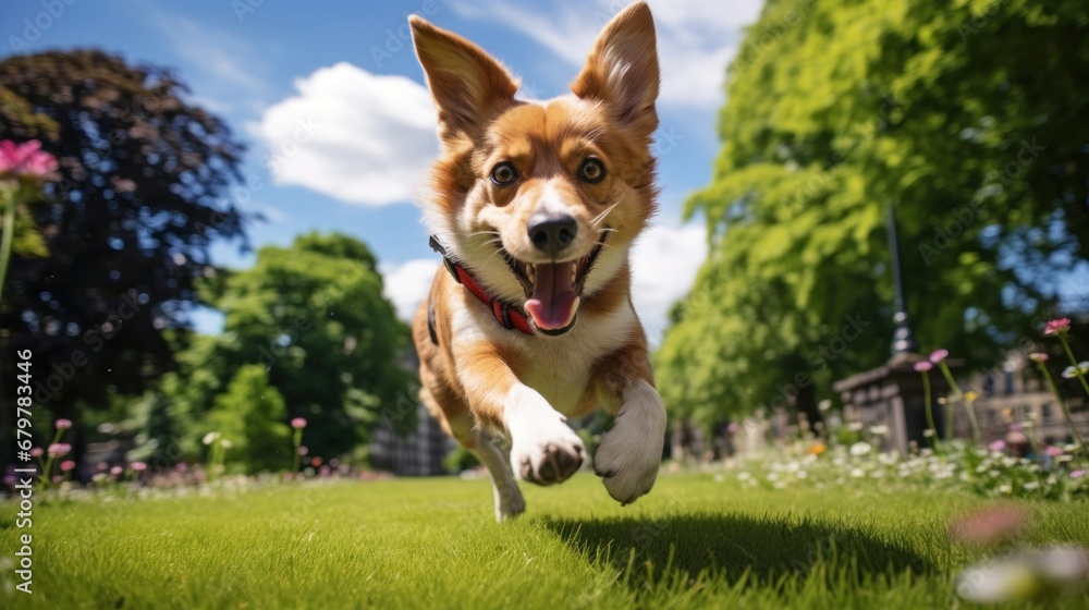 Playful Dog Chasing Tail in Vibrant City Park on a Sunny Summer Afternoon