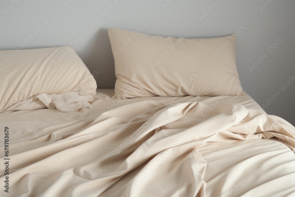Crumpled beige bed linen with pillows and blankets Crumpled beige bed linen with pillows and blankets