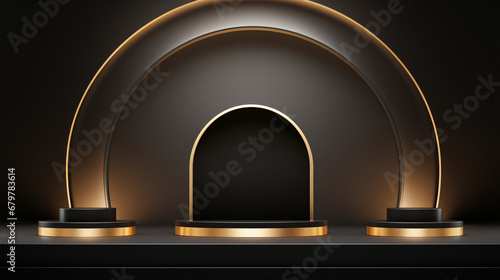 3D background with stand podium. Gold with luxury arch shape scene. Abstract minimal wall scene for mockup products display. Vector round stage Showcase. Black friday. photo