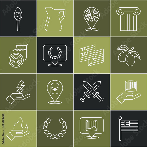 Set line Greece national flag, Ancient column, Olives branch, Minotaur labyrinth, Laurel wreath, chariot, Torch flame and icon. Vector