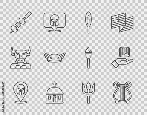 Set line Greek helmet, Ancient lyre, Feather pen, Santorini building, Olive and cheese on chopstick, Helmet with wings, Neptune Trident and column icon. Vector photo