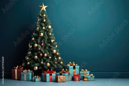 A christmas tree with ornaments and presents in front of a blue wall