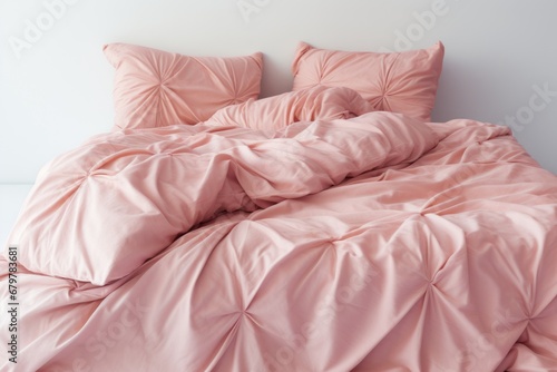 Crumpled pink bed linen with pillows and blankets
