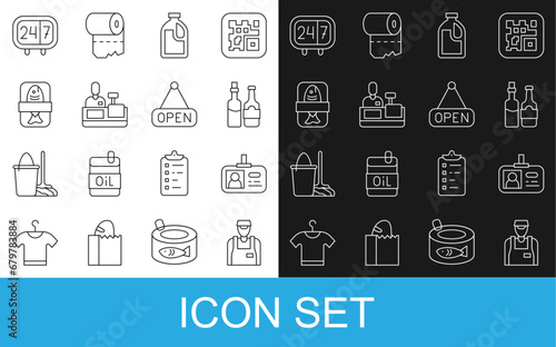 Set line Seller, Identification badge, Whiskey bottle, Bottle for cleaning agent, Cashier cash register, Fish plastic tray container, Clock 24 hours and Hanging sign with Open icon. Vector