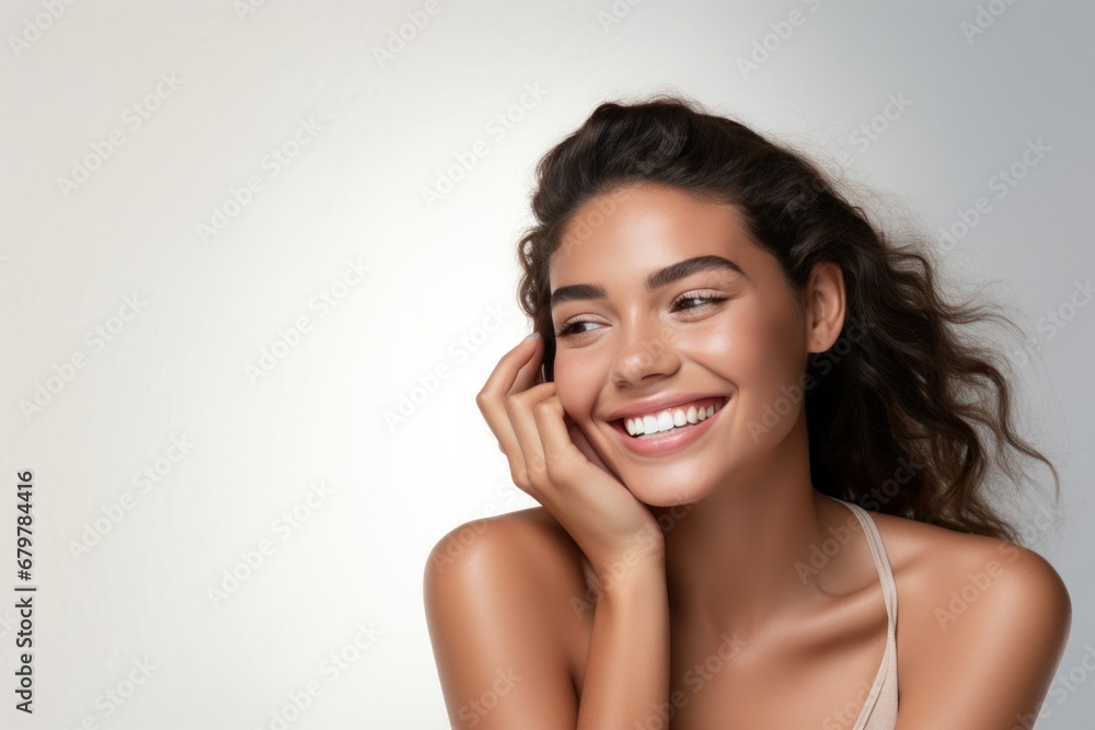 Beautiful smiling young woman with soft glow skin and bare shoulders. Beautiful smiling young woman with soft glow skin and bare shoulders.