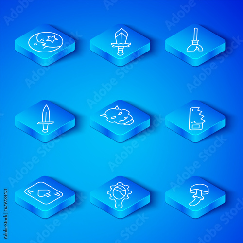 Set line Playing cards, Mask of the devil with horns, Magic hand mirror, Hand saw, Witches broom, Dagger, Moon stars and Psilocybin mushroom icon. Vector