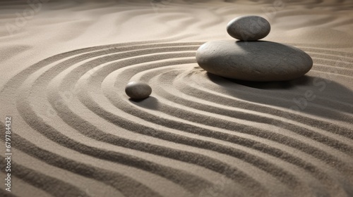 Zen sand garden meditation stone background. Balanced Stones and lines drawing in sand for relaxation. Concept of harmony  balance and meditation  spa  massage  relax.
