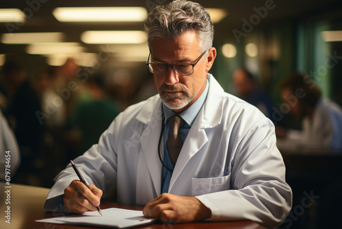 portrait of a serious doctor in a robe taking notes