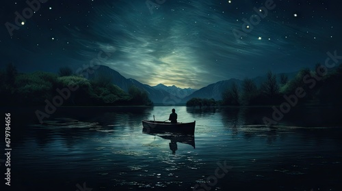  a painting of a person sitting in a boat on a lake under a night sky with stars and a full moon.