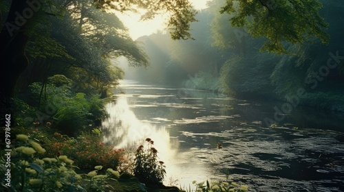  a river running through a lush green forest filled with lots of green plants and a forest filled with lots of trees.