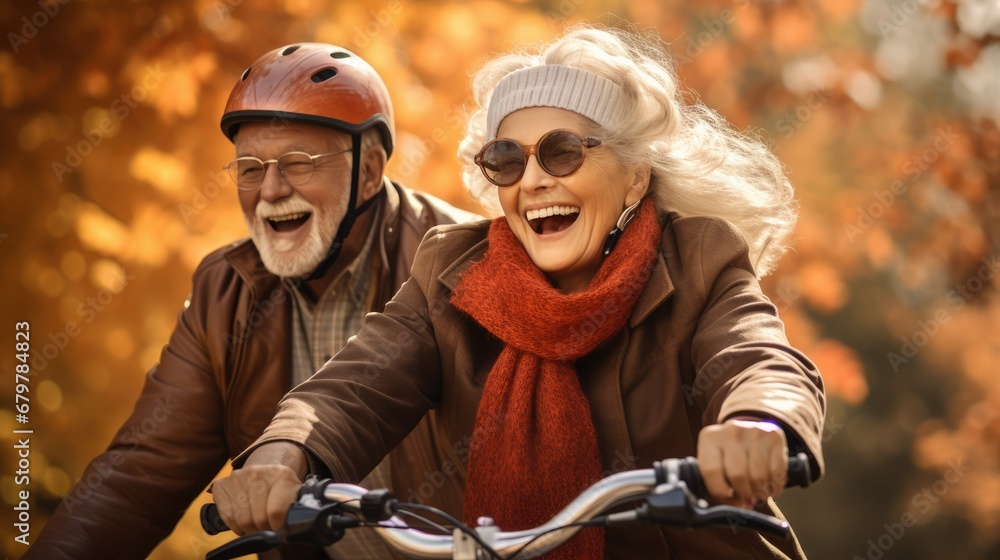 Couple of older bike riders smile. Dynamic outdoor shots. Couple of older bike riders smile. Dynamic outdoor shots.
