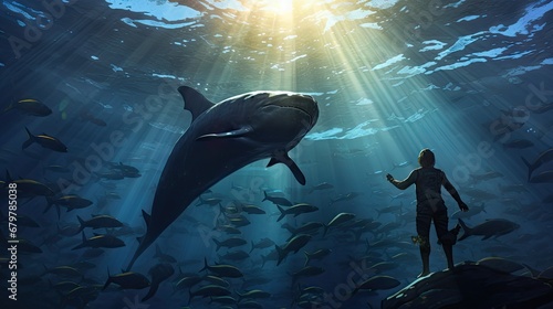  a painting of a man standing in front of a whale in the ocean with a lot of fish around him.