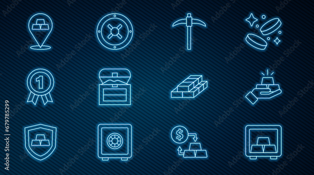 Set line Safe with gold bars, Gold, Pickaxe, Antique treasure chest, Medal, Stacks paper money cash and icon. Vector Set line Safe with gold bars, Gold, Pickaxe, Antique treasure chest, Medal, Stacks paper money cash and icon. Vector