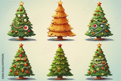 Christmas trees of different textures isolated on diferent backgrounds with copy-space and Christmas decorations