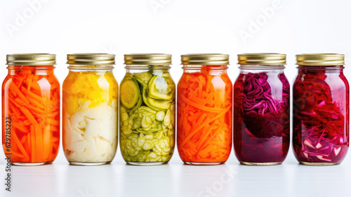 Pickled vegetables in glass jars on white background