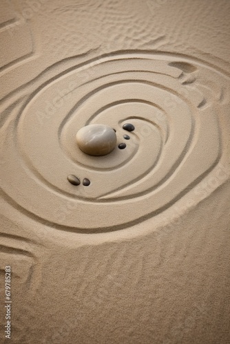 Zen sand garden meditation stone background. Balanced Stones and lines drawing in sand for relaxation. Concept of harmony, balance and meditation, spa, massage, relax.