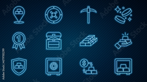 Set line Safe with gold bars, Gold, Pickaxe, Antique treasure chest, Medal, Stacks paper money cash and icon. Vector