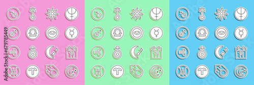 Set line Moon and stars, Calendar, Symbol Mercury, Sun, Libra zodiac, Mars symbol, Venus and Medallion with eye icon. Vector