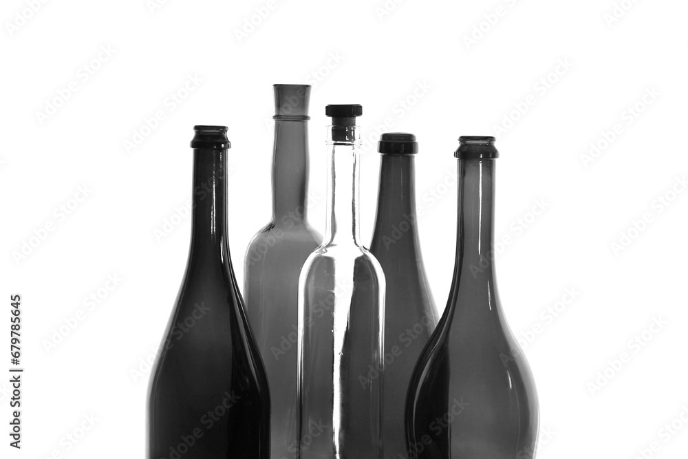 Black and white photo of different wine bottles isolated on white background Black and white photo of different wine bottles isolated on white background