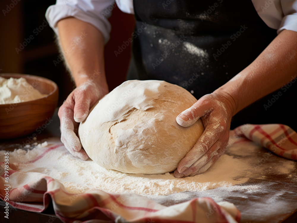 Female hands kneading dough on table with flour and rolling pin
