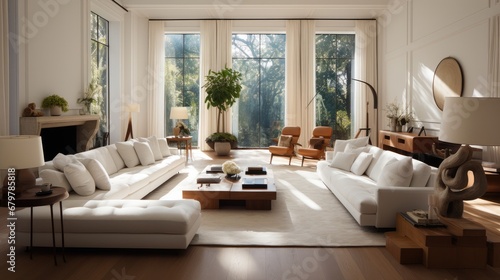 A living room with white furniture.
