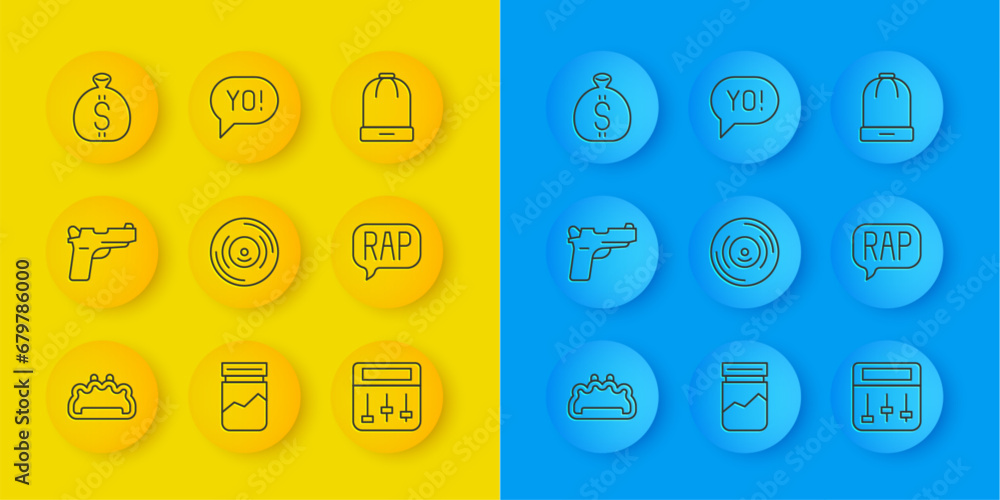 Set line Brass knuckles, Pistol or gun, Vinyl disk, Drum machine music, Rap, Money bag, Winter hat and Yo slang lettering icon. Vector Set line Brass knuckles, Pistol or gun, Vinyl disk, Drum machine music, Rap, Money bag, Winter hat and Yo slang lettering icon. Vector
