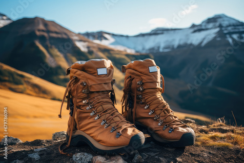 A hiking boots at the base of a mountain trail, Early morning lighting.