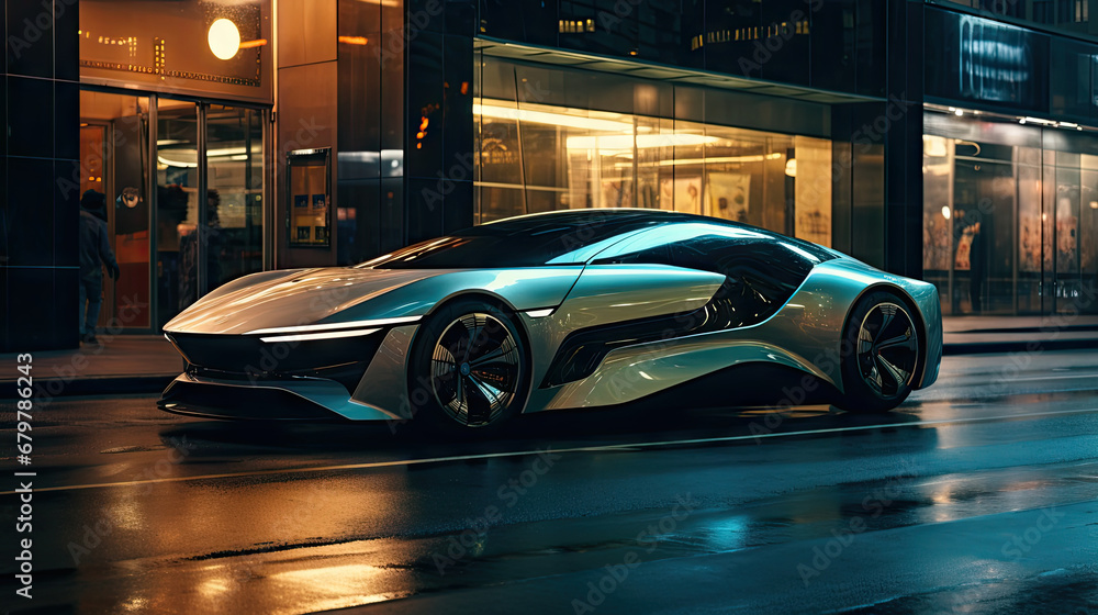  a futuristic car parked on the side of a city street in front of a building at night with its lights on.