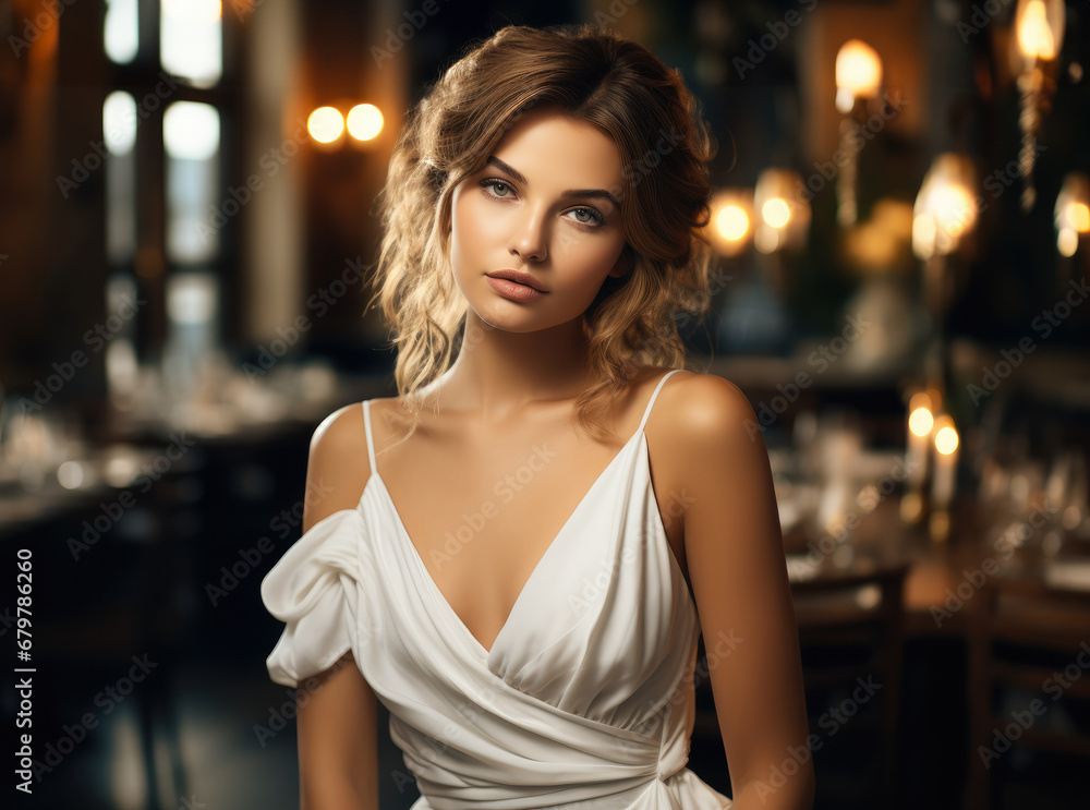 A woman in a luxurious expensive restaurant in a beautiful white dress.