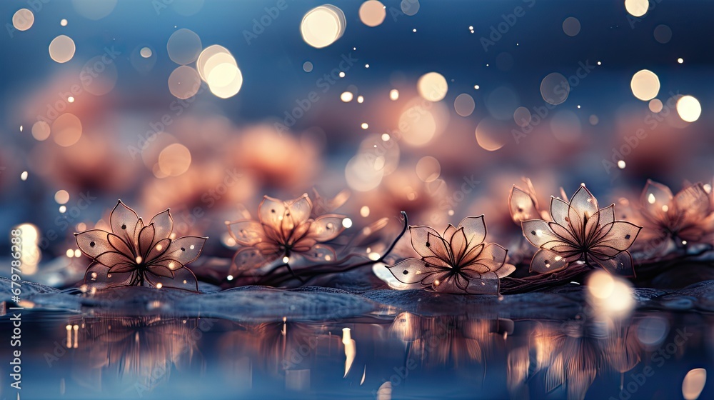  a blurry photo of a bunch of flowers with drops of water in the foreground and a blurry background of blurry lights in the background.