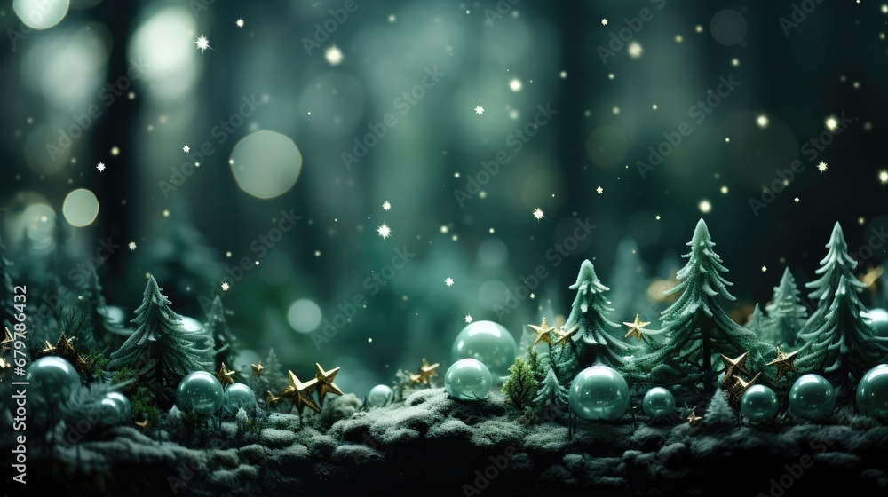  a group of christmas trees sitting on top of a snow covered ground next to a forest filled with stars and snow.