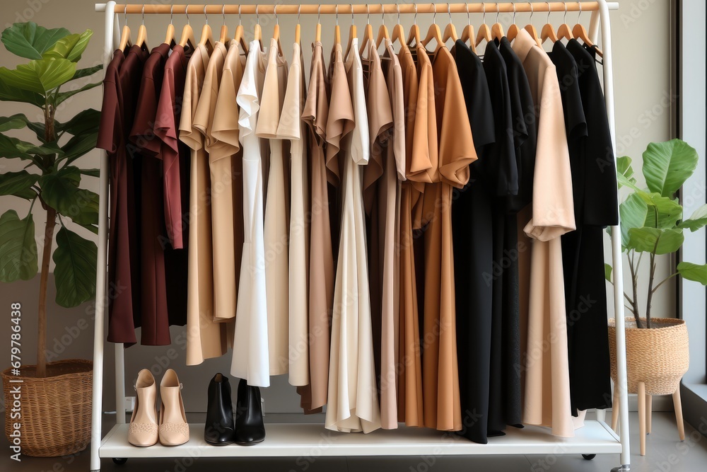 A Fashion stylish luxury clothes display on a rack in a store.