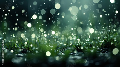  a blurry photo of grass with drops of water on the grass and a blurry background of grass with drops of water on the grass.