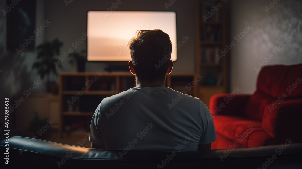 Man on the couch is watching TV. football fan watches football and rejoices at the victory. Entertainment and sports concept. Watching sports, movies on TV at home. Generated AI Man on the couch is watching TV. football fan watches football and rejoices at the victory. Entertainment and sports concept. Watching sports, movies on TV at home. Generated AI