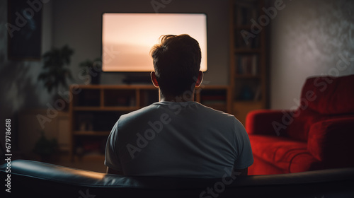 Man on the couch is watching TV. football fan watches football and rejoices at the victory. Entertainment and sports concept. Watching sports, movies on TV at home. Generated AI © Iuliia Pilipeichenko