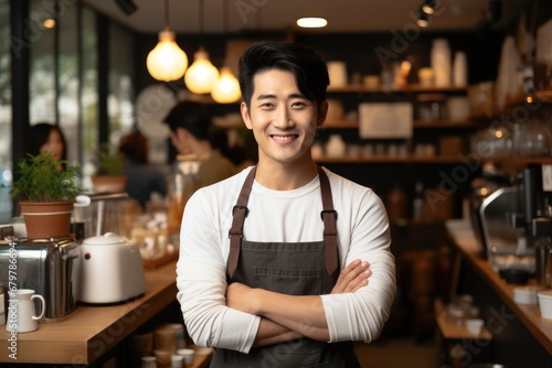 The Korean male owner of a modern cafe is happy with good sales.