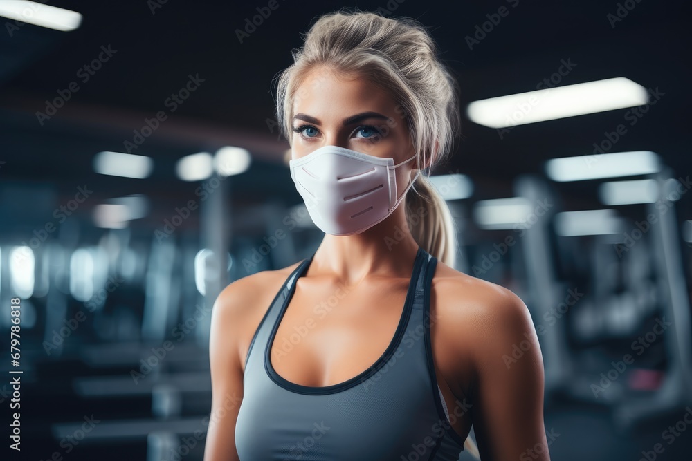 A fitness enthusiast woman wearing a breathable disposable face mask during a high-intensity workout at the gym. A fitness enthusiast woman wearing a breathable disposable face mask during a high-intensity workout at the gym.