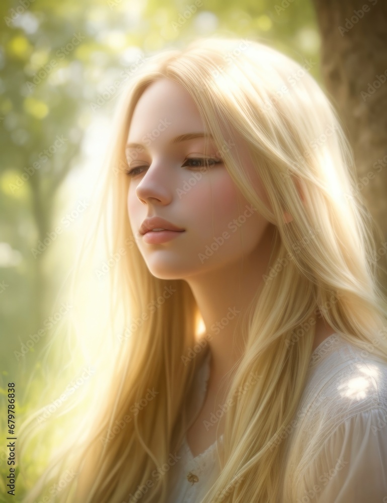 Fototapeta premium Artistic rendering of a confident blond woman with long hair, immersed in a serene natural setting. Soft pastels, dappled sunlight, and a tranquil atmosphere