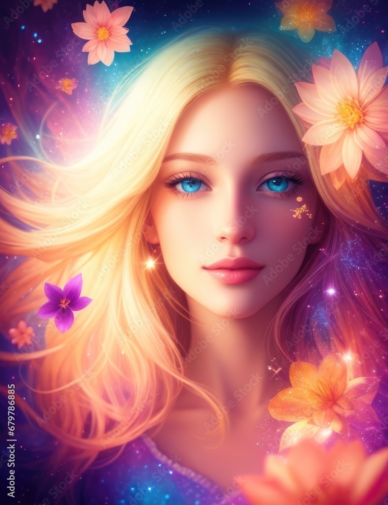 Enchanting digital art of a blond woman radiating confidence, surrounded by magical elements like floating flowers and sparkles. Vibrant colors, fantasy atmosphere, and a captivating composition
