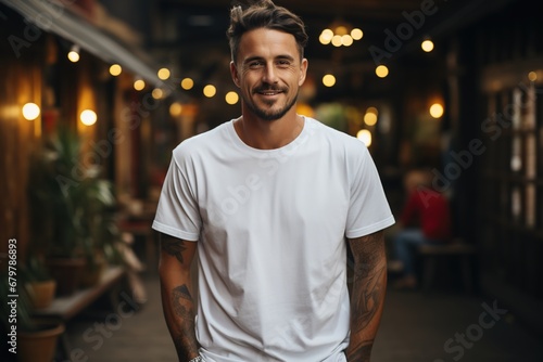 Design-ready smile: Hands nonchalantly in pockets, a content man with a white T-shirt becomes the ideal backdrop for your custom design concepts photo