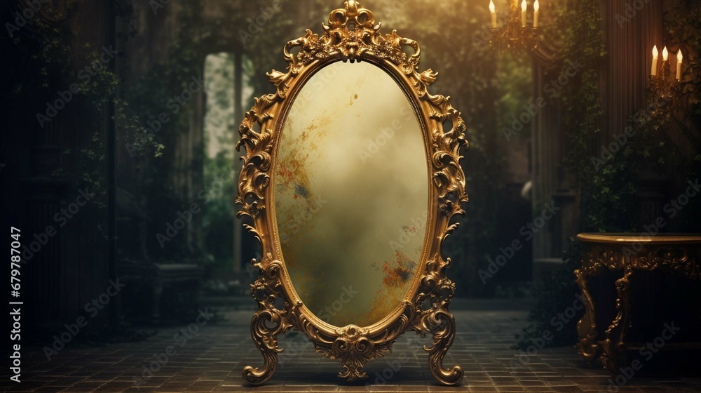 Obraz na płótnie 
Old vintage retro antique mirror in gold frame rustic style. Decoration home glass. Graphic Art photography w salonie