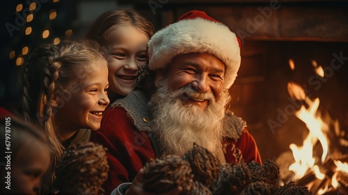 Santa is smiling and playing with the kids by the hearth. Generative Ai.