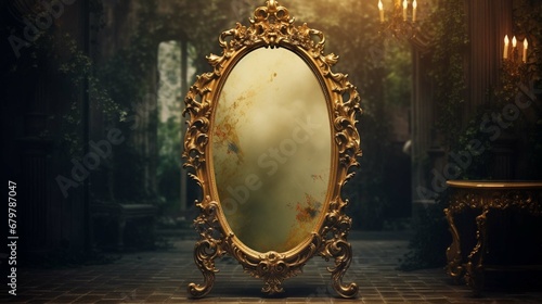 
Old vintage retro antique mirror in gold frame rustic style. Decoration home glass. Graphic Art photography photo