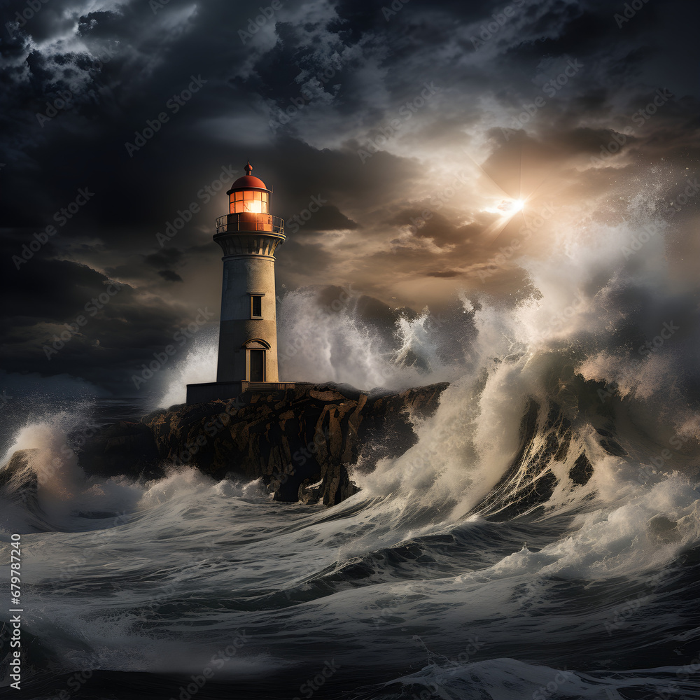 Lighthouse at sea on a rock in stormy weather with crashing waves at night