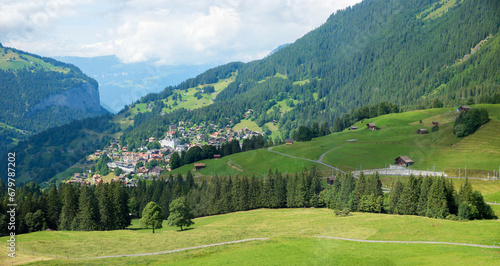 alpine summer landscape Bernese Oberland, view to tourist resort Wengen