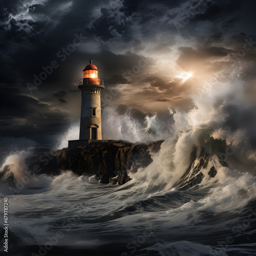 Lighthouse at sea on a rock in stormy weather with crashing waves at night