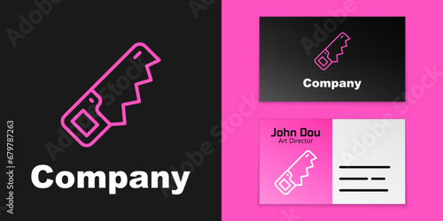 Pink line Hand saw icon isolated on black background. Logo design template element. Vector