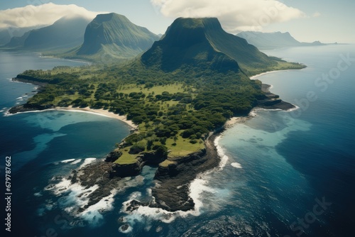 A large tropical curved island with an inactive volcano and rocky coastline, Aerial high view. photo