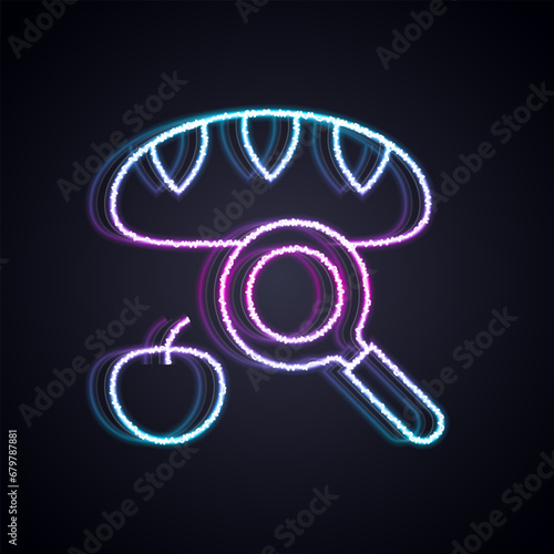 Glowing neon line Searching for food icon isolated on black background. Homelessness and poverty concept. Vector